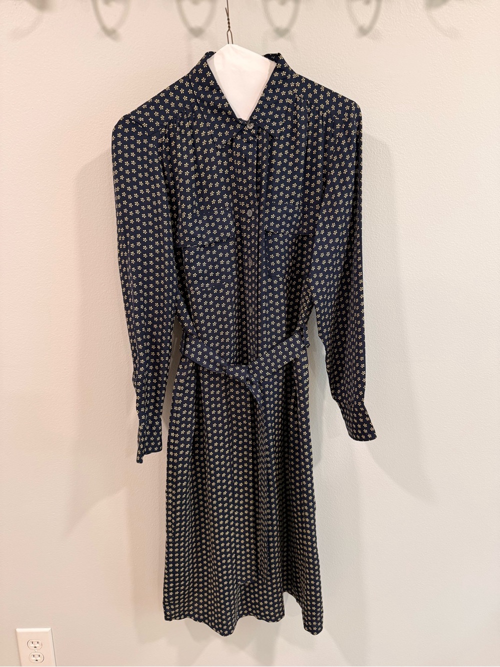 J. Crew Navy Dress with Cream Floral Print and Tie Waist